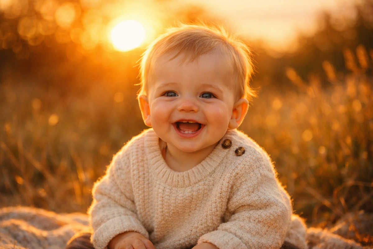 Smiling baby in cream sweater outdoors with sunset behind
